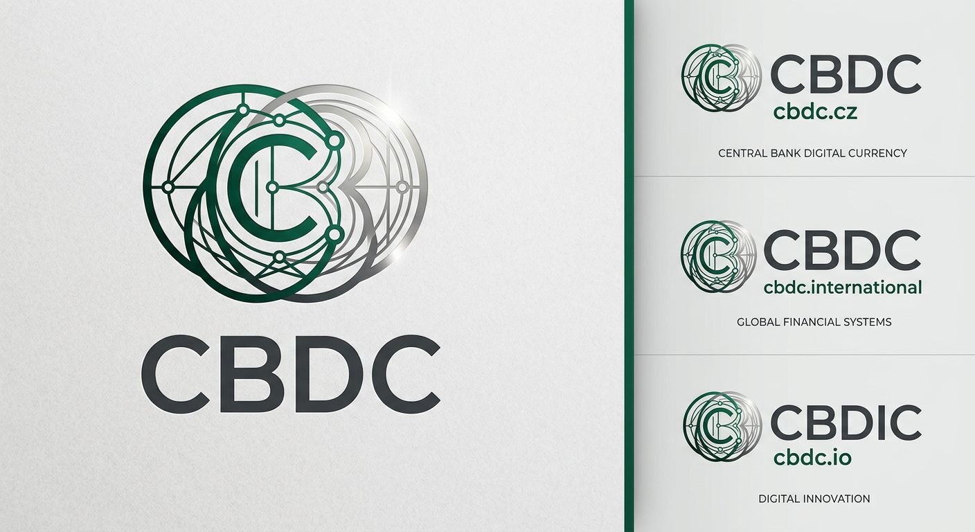 CBDC emblem: interlinked green and silver currency rings across three domain lockups